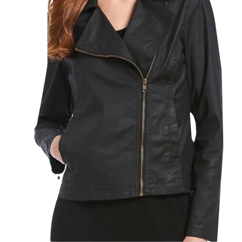 Eileen Fisher Black Faux‎ Leather Moto Jacket Full Zip Asymmetrical Size XXS